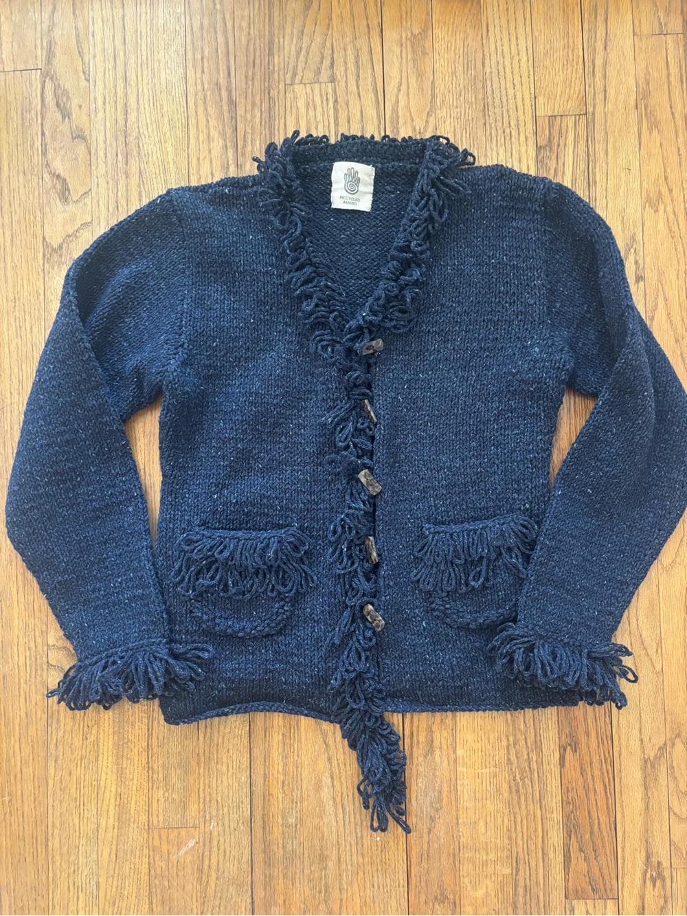 Amano (Recycled) Women's Navy Fringe Hand Knit Cardigan Sweater